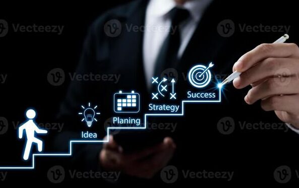 empresários apontam para planos de crescimento de negócios bem sucedidos, escada de sucesso, planejamento de ação e metas de negócios de longo prazo